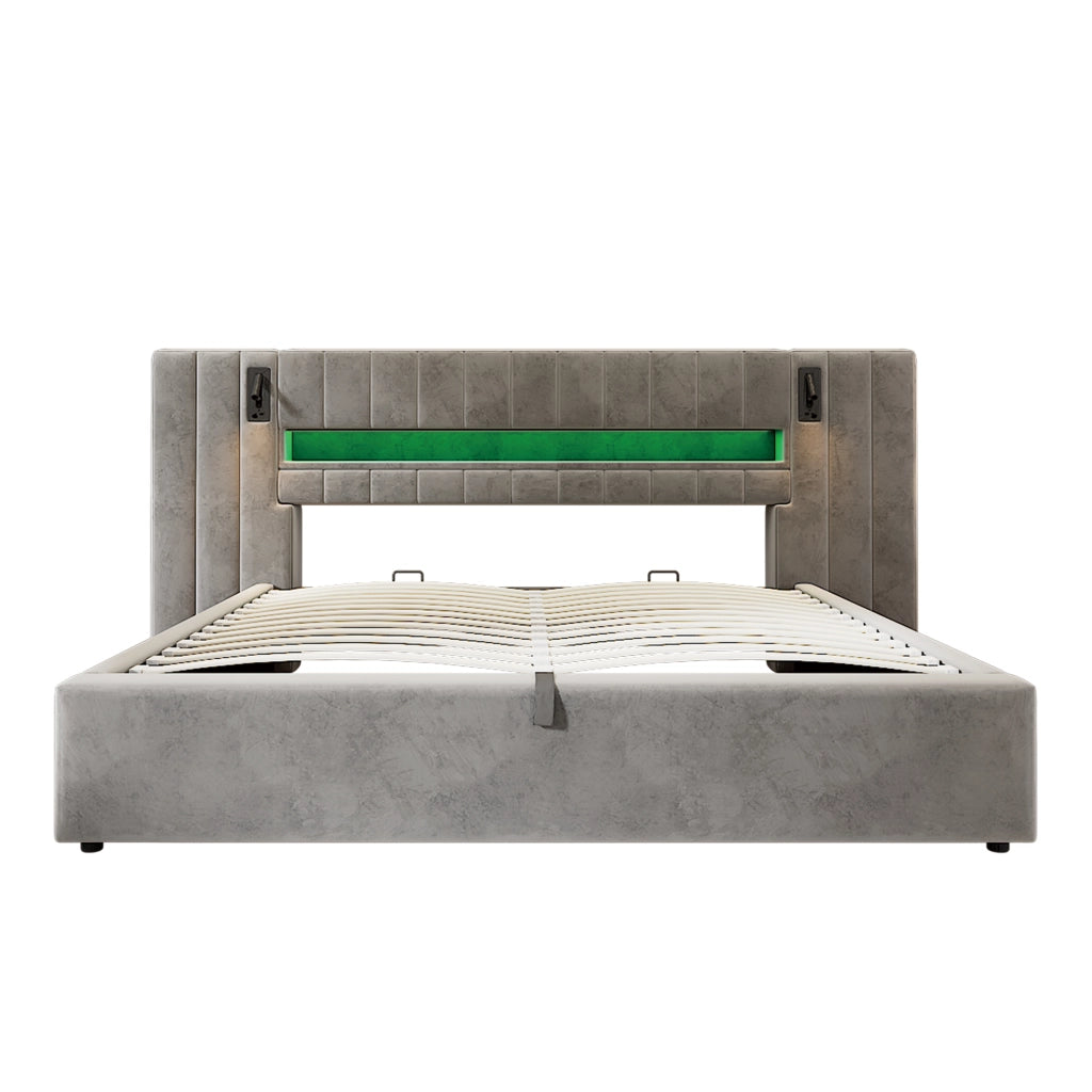 Letto contenitore 180 × 200 cm con USB-A e USB-C LED 16 colori lampada da comodino velluto grigio