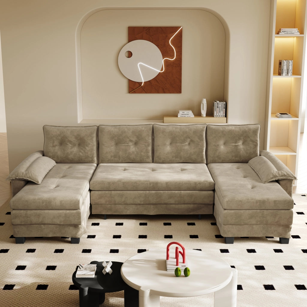 Divano panoramico a U trasformabile con letto estraibile, USB e cuscini bracciolo removibili in ciniglia kaki