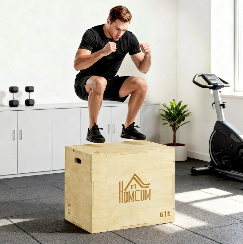 Box pliometrico ULEVR 3 in 1 in legno di faggio, altezze 51/61/76 cm, portata fino a 120 kg