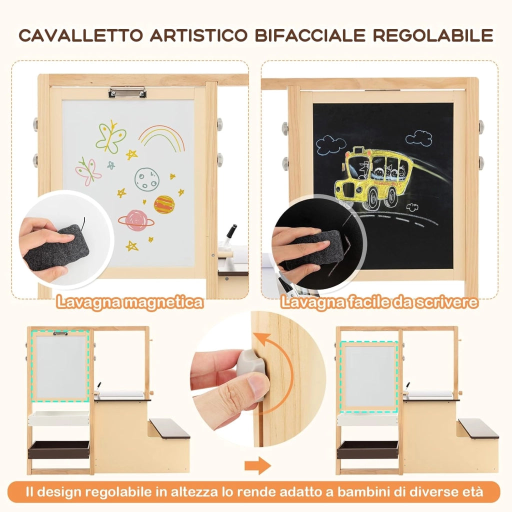 Set 3 in 1 Tavolo e Sedie per Bambini 3+ Anni, Tavolo in Legno Sicuro con Lavagna Cancellabile, Magnetica, Cavalletto Regolabile, Libreria e Accessori Artistici, per Disegno (Caffè)
