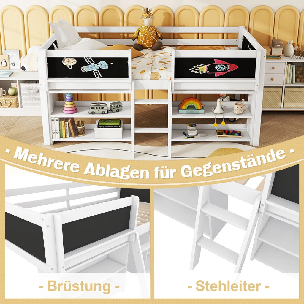 Letto per Bambini Semialto 90x200 cm con Ripiani; Scala e Sponde di Sicurezza; Pino e MDF Bianco