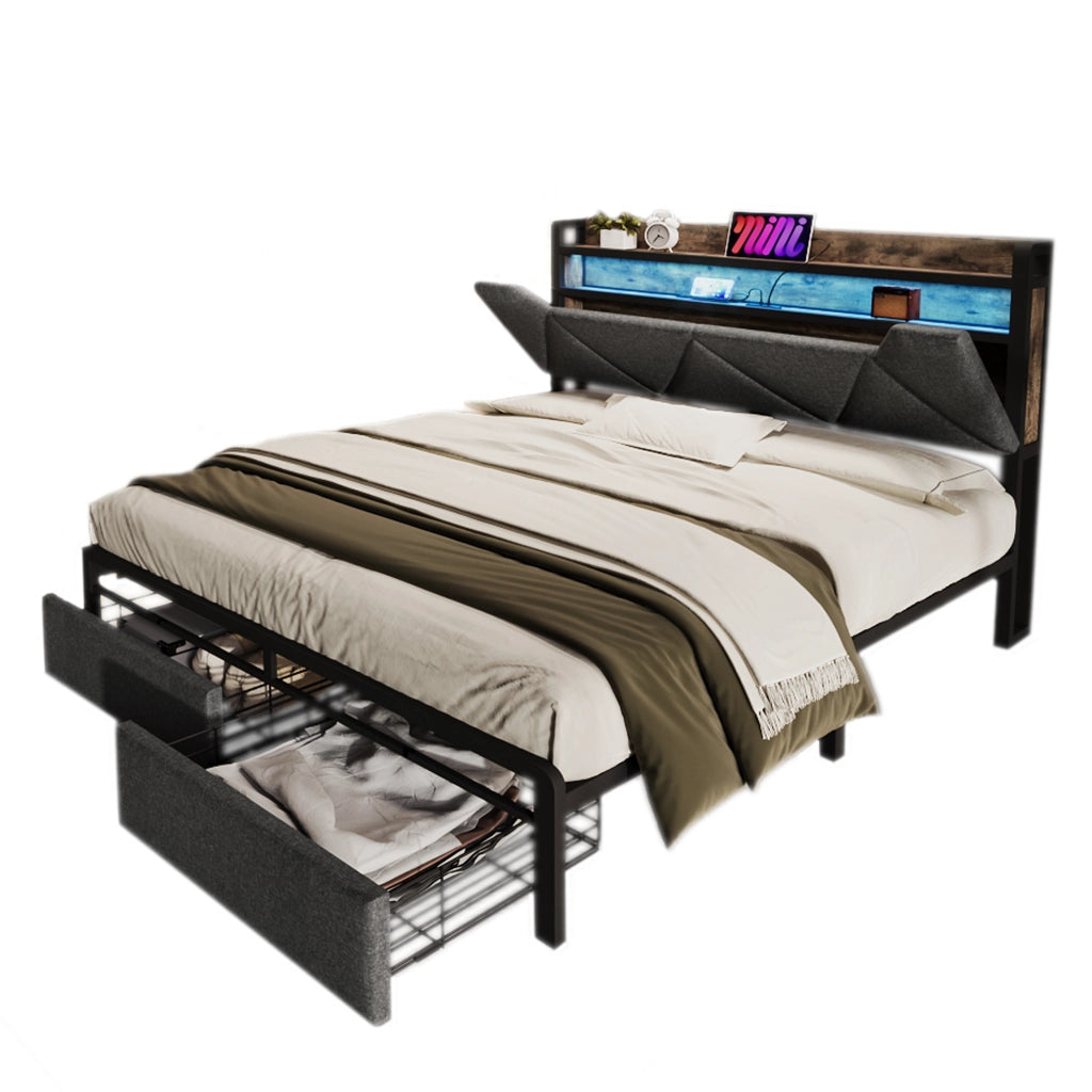 Letto matrimoniale imbottito 160x200 cm grigio con due cassetti