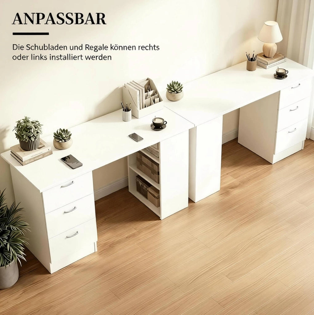Scrivania da Ufficio in MDF Bianca con 3 Cassetti e 3 Ripiani, 120x49x72 cm
