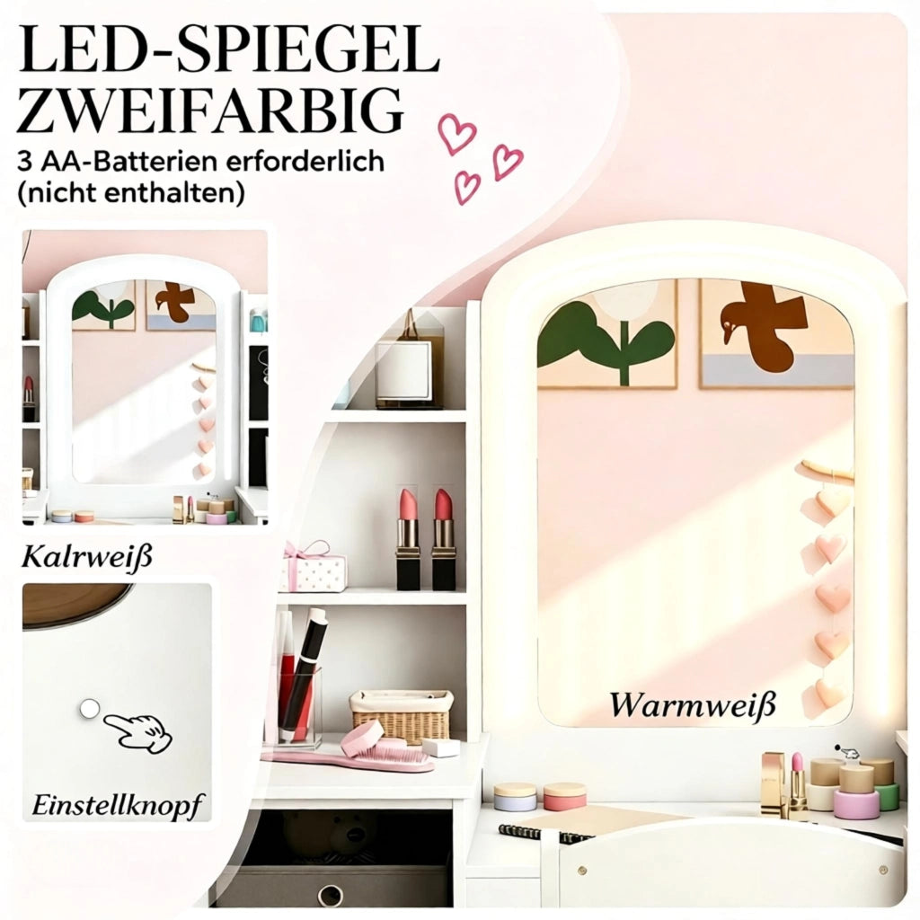 Set da parrucchiere per bambini con sgabello e specchio a LED, tavolo da trucco per bambini dai 3 agli 8 anni.