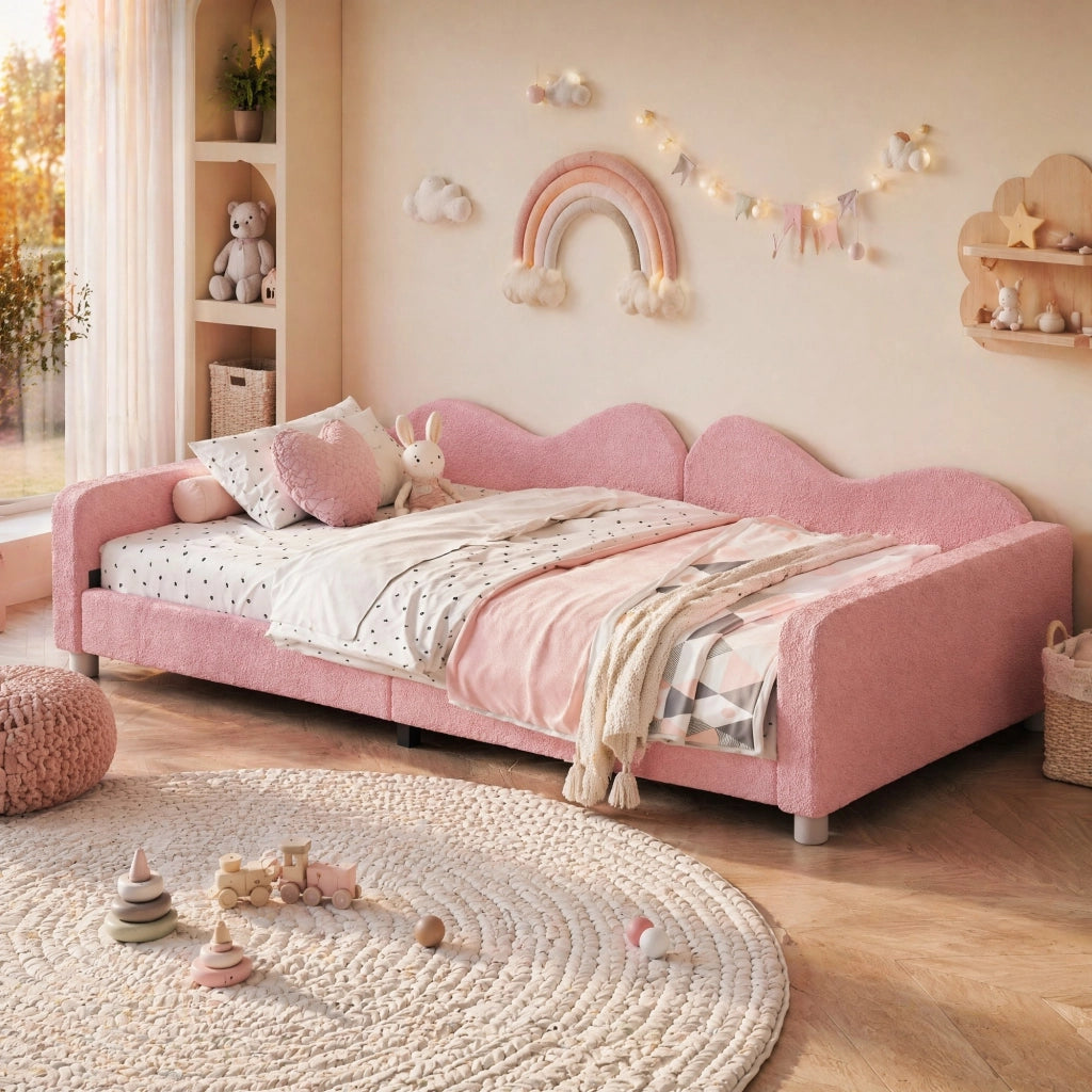 Letto singolo 90 × 200 cm imbottito con rete a doghe; schienale e braccioli; rosa