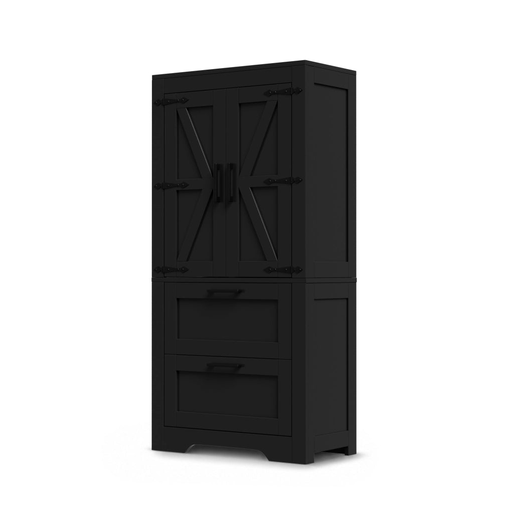 Credenza alta stile rustico con 2 cassetti e ripiani regolabili; MDF; nera