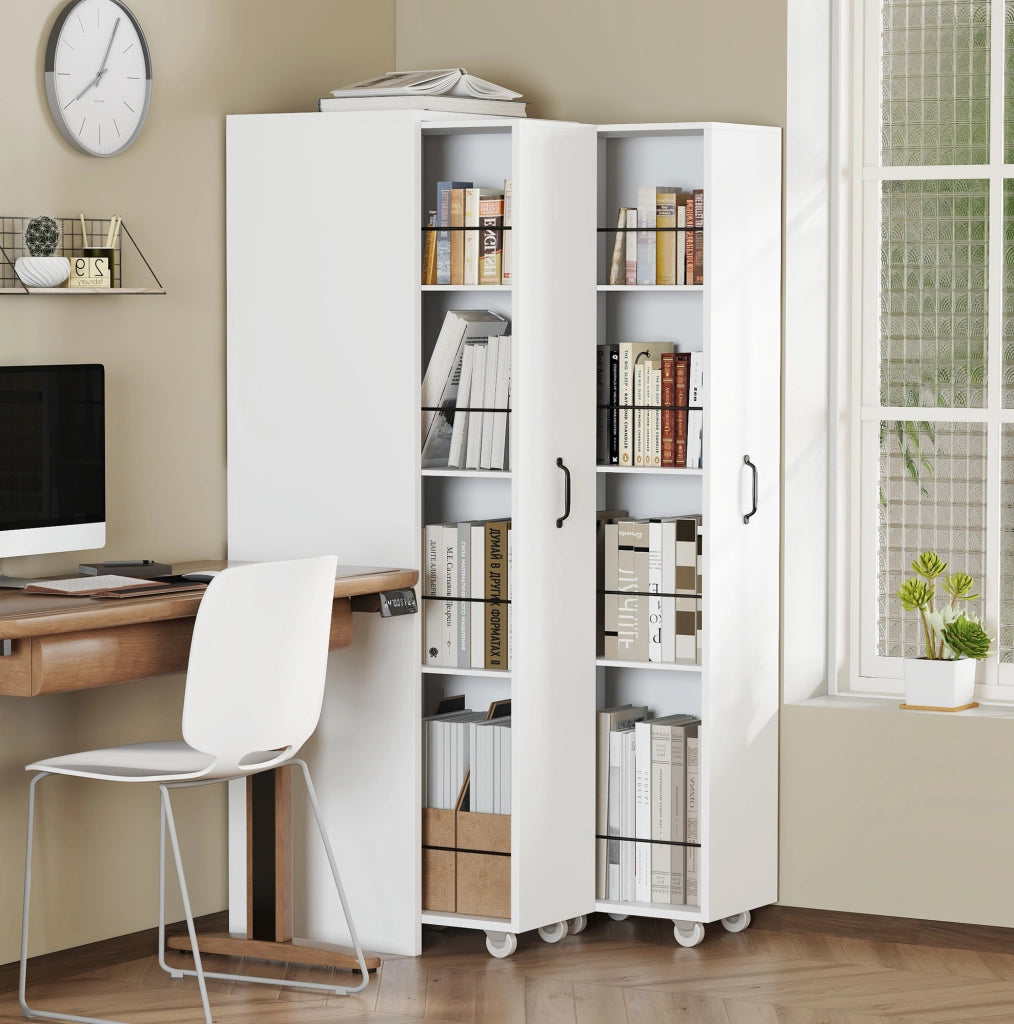 Libreria estensibile su ruote; 4 ripiani per modulo; MDF; bianco