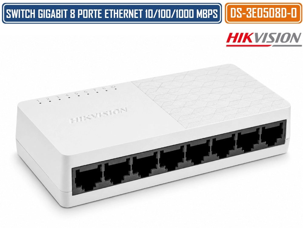 HIKVISION DS-3E0508D-O SWITCH DI RETE GIGABIT 8 PORTE RJ45 10/100/1000 MBPS PLUG & PLAY DA TAVOLO E PARETE