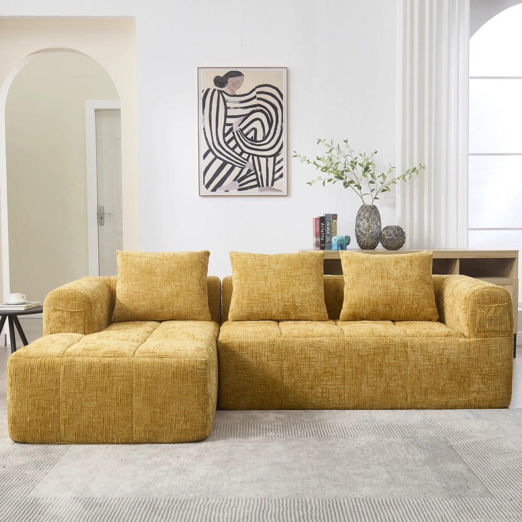 Divano componibile 3 posti in ciniglia gialla con chaiselongue; 250 cm