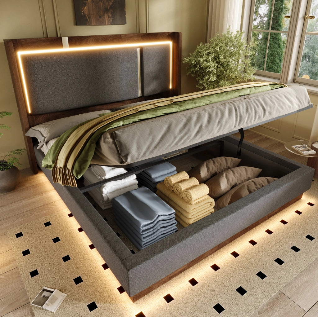 LETTO con contenitore e LED 160x200 cm Grigio e Noce