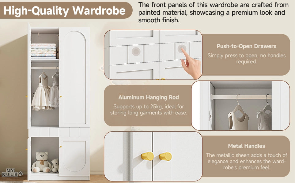 Armadio bianco da 80x50x200 cm con 2 ante, appendiabiti e cassetti a pressione, set da 2 pezzi