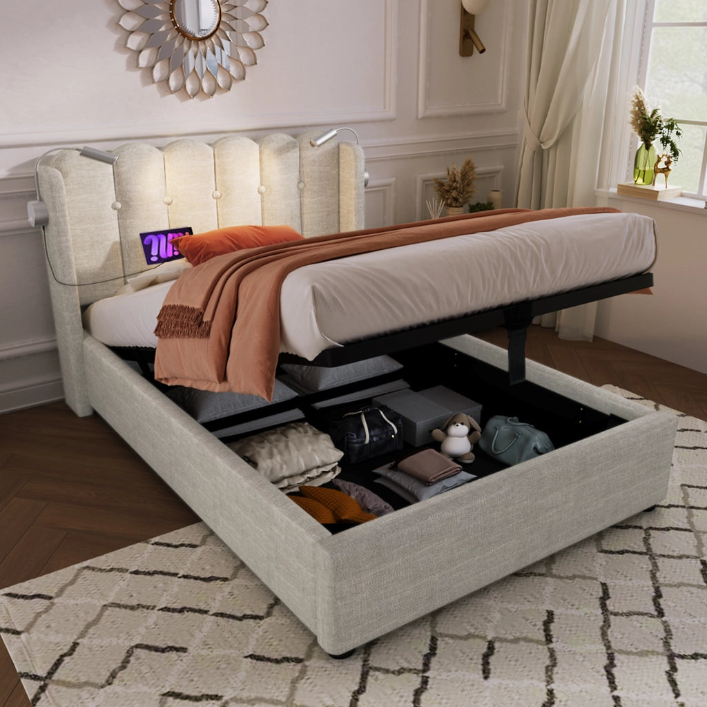 Letto singolo 90x200 imbottito in lino con contenitore