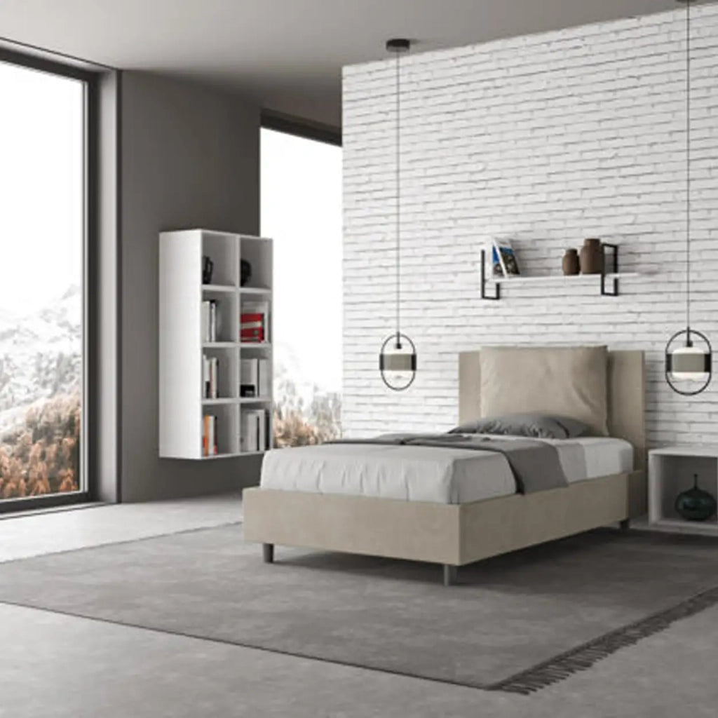 Letto una piazza e mezza contenitore imbottito 120x190 microfibra sabbia Antea