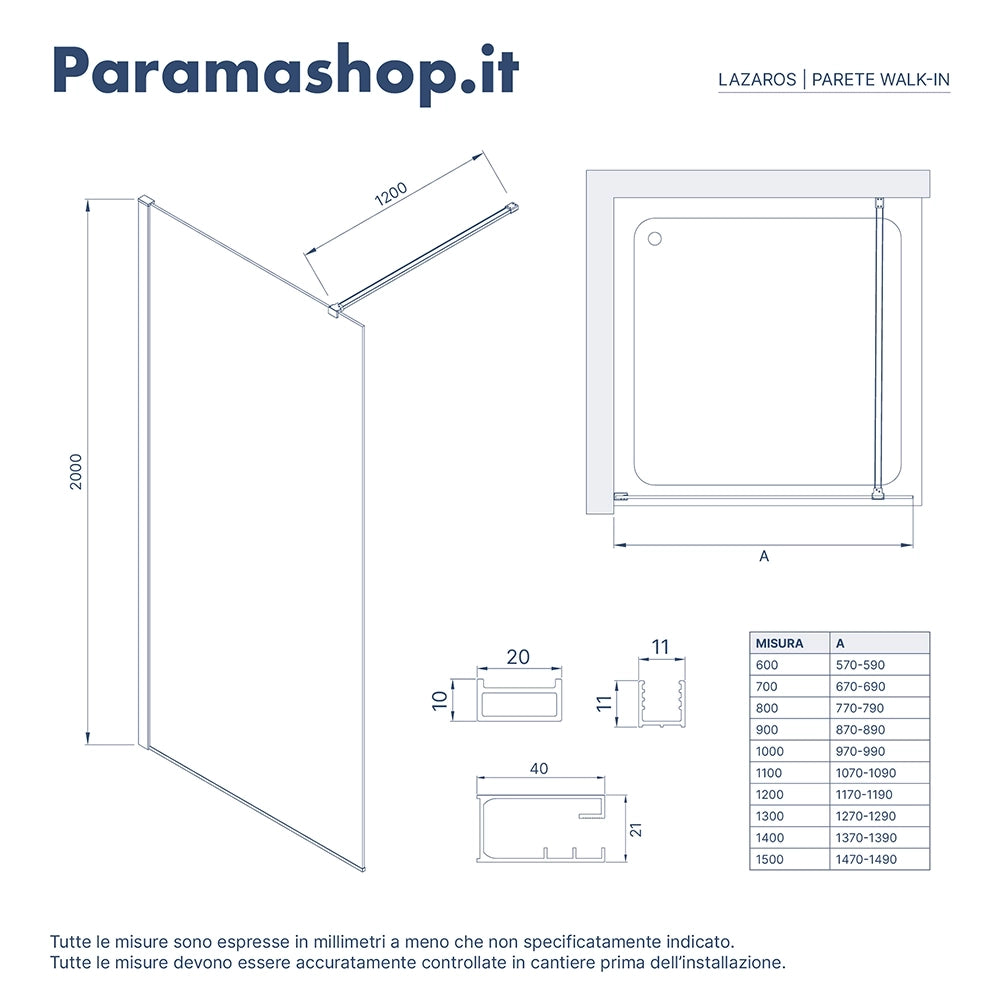 Parete doccia walk-in 80 cm 8mm trasparente anticalcare h200 | Lazaros