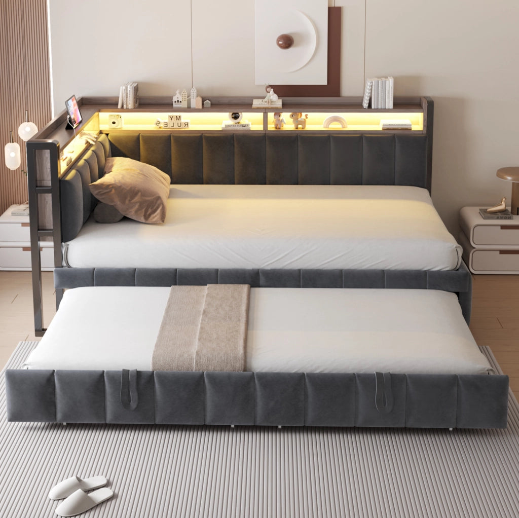 Divano letto estraibile 90x200 cm con LED, USB e Type-C grigio