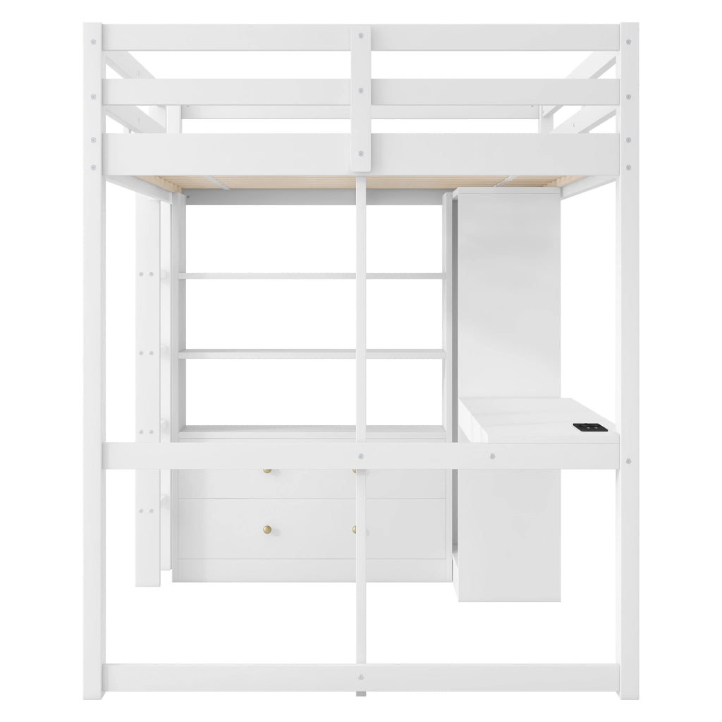 Letto a soppalco 140x200 cm bianco con scrivania; 2 cassetti; ripiani; LED e USB