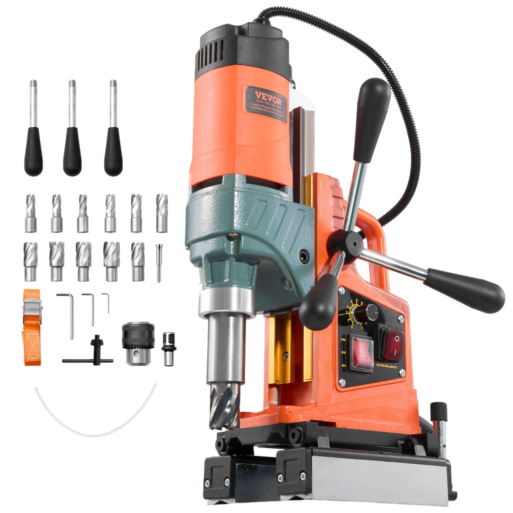 Trapano a colonna magnetico MD-50E 1400 W con 11 punte a corona, foro 50 mm, velocità 0-850 giri/min, robusto per officina e fai da te