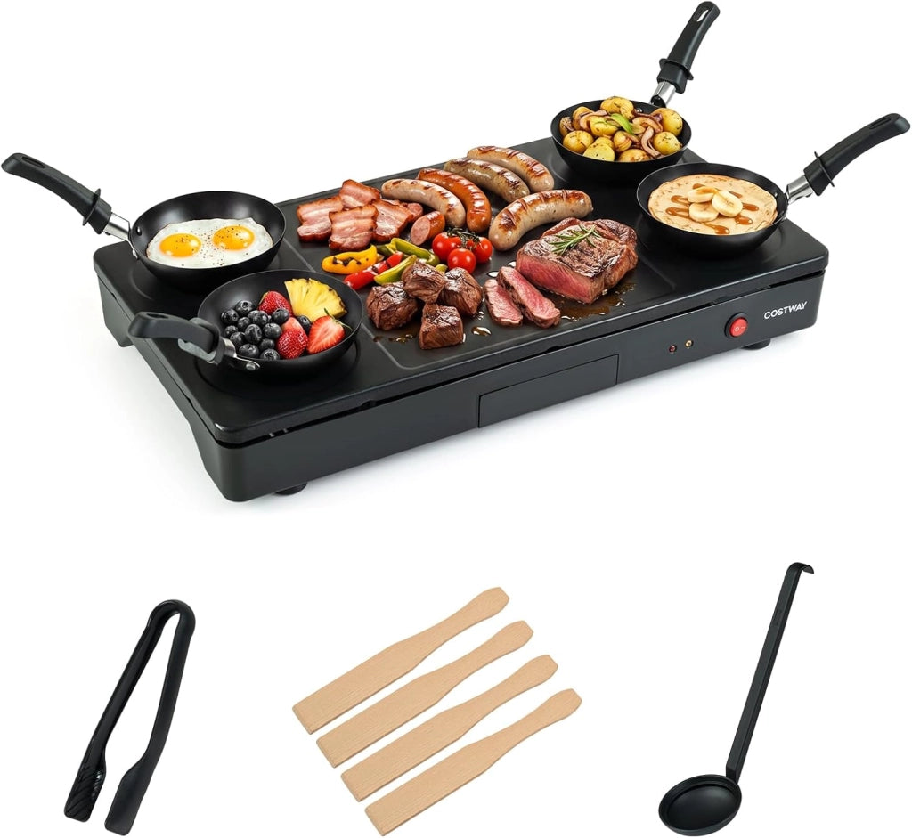 1000 W Barbecue Elettrico da Tavolo, Griglia Antiaderente
Piastra Elettrica per Grigliare con 4 Padelle 1 Piastra 4 Palette Pinza e Mestolo, per Raclette Bistecca, Interno ed Esterno