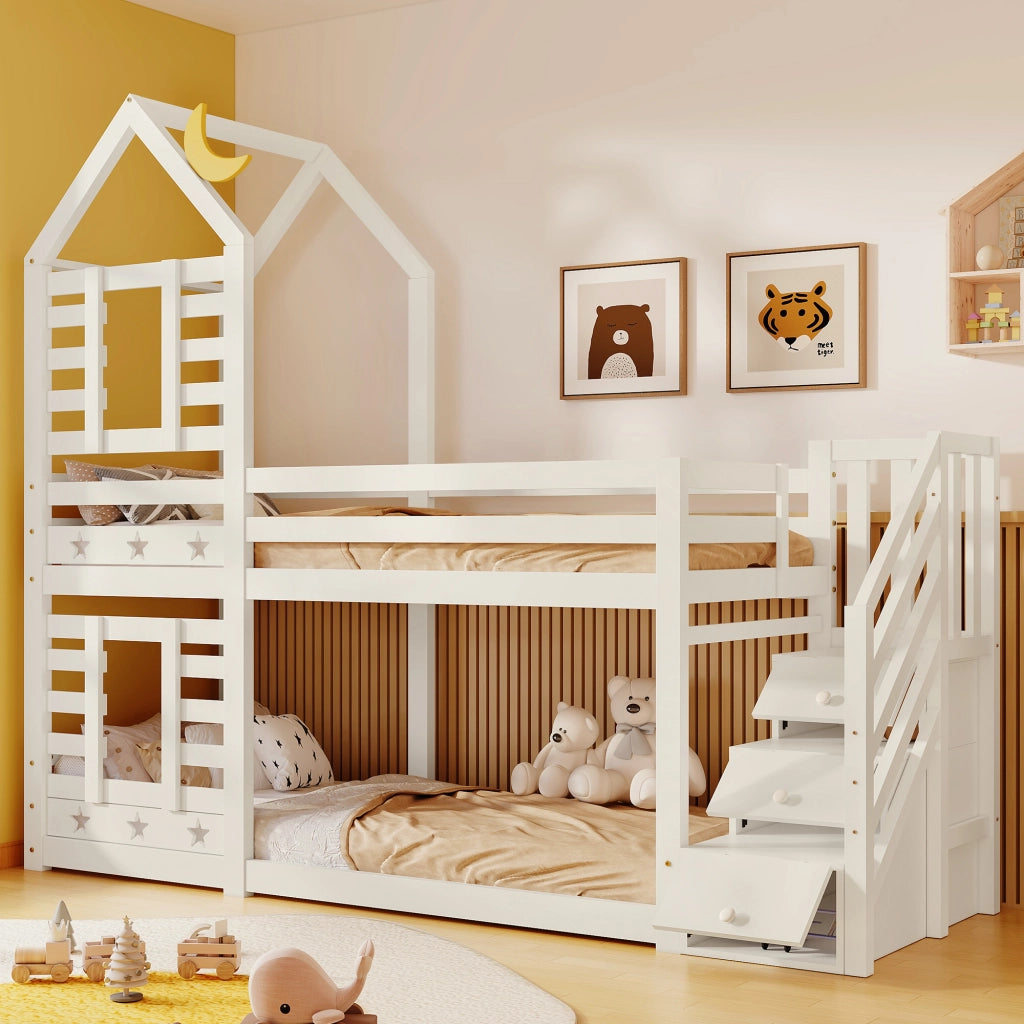 Letto a castello per bambini 90x200 cm a forma di casetta bianco