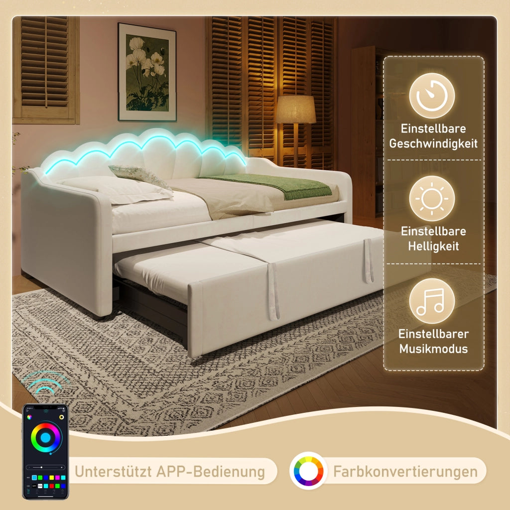 Letto estraibile singolo in velluto beige 90 × 200 cm con LED multicolore e secondo letto