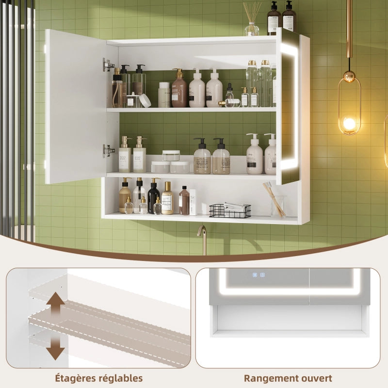 Armadietto a Specchio da Bagno con LED Regolabile; Pensile a Doppia Anta con Ripiani Regolabili e Vano Aperto; Mobile Bagno; Bianco; 80x17x70 cm