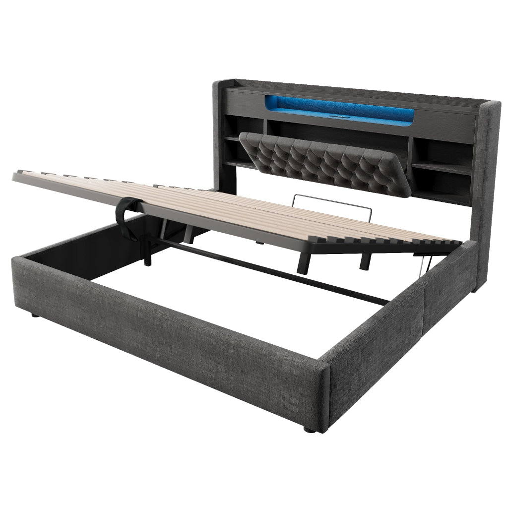 Letto contenitore 180×200 cm con LED; USB; USB-C e vani; senza materasso; grigio