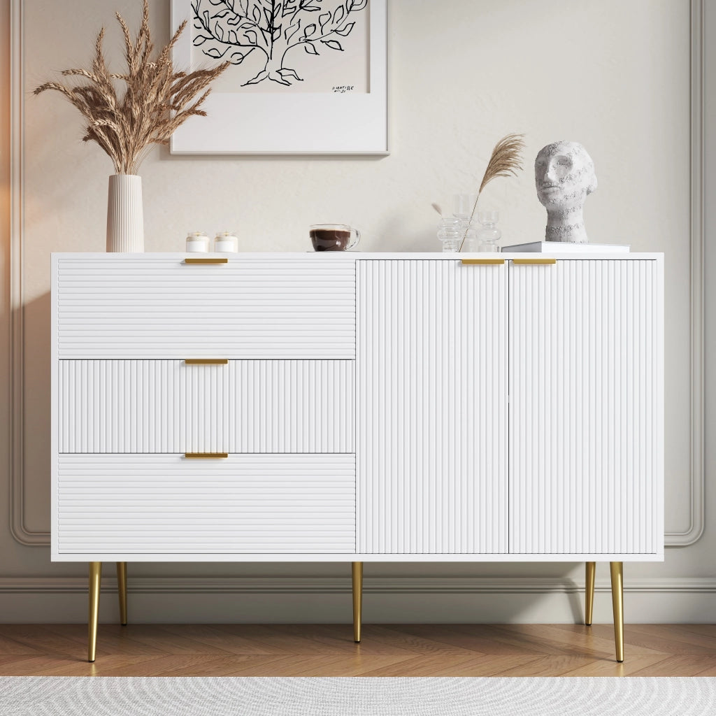 Sideboard moderno 120 x 38 x 80;5 cm in MDF bianco e oro con 3 cassetti e 2 ante