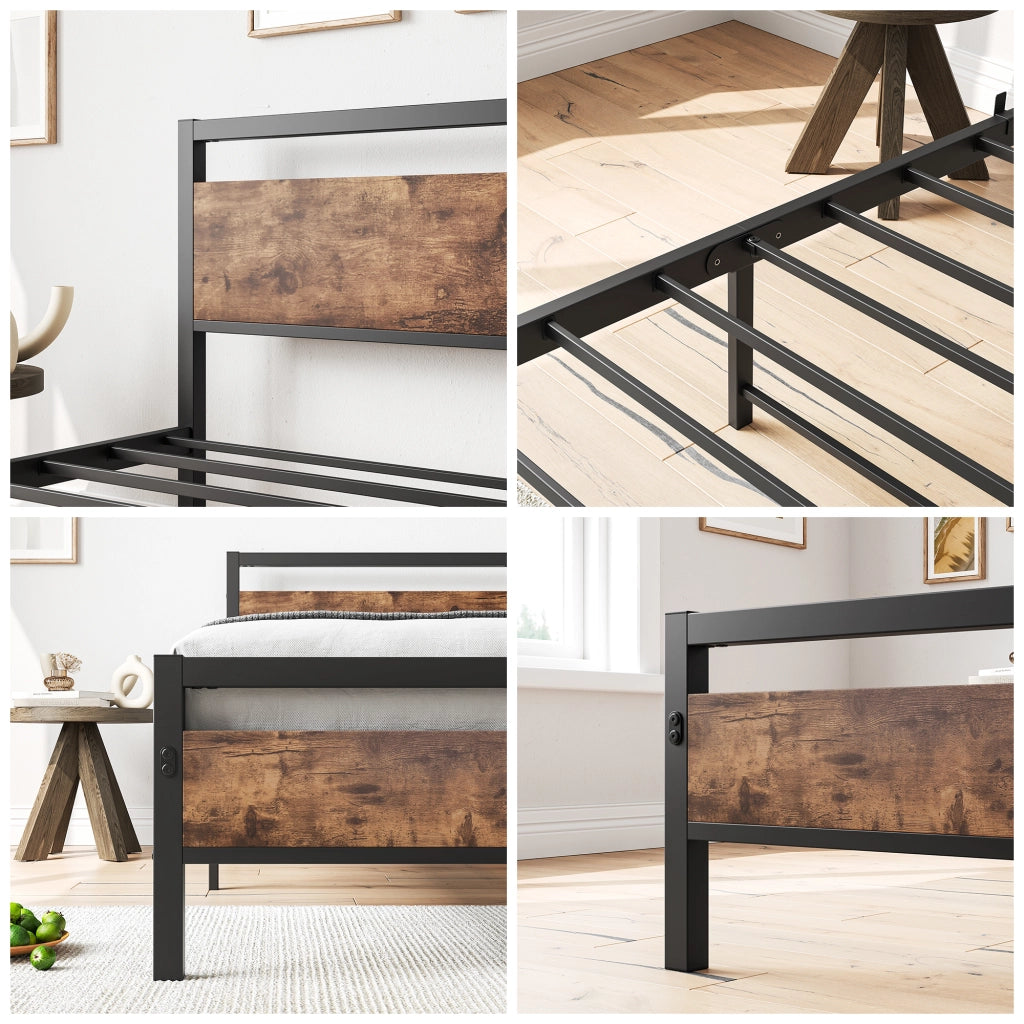 Letto una piazza e mezza 140 × 200 cm con rete a doghe e vano sottoletto in metallo e MDF, marrone antico