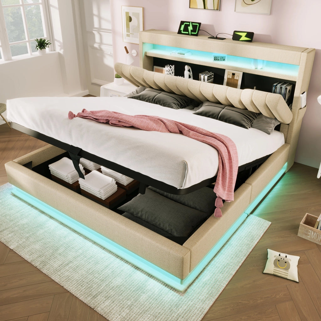 Letto contenitore 180x200 cm con LED; testiera a ripiani; 3 USB e Type-C; tessuto beige