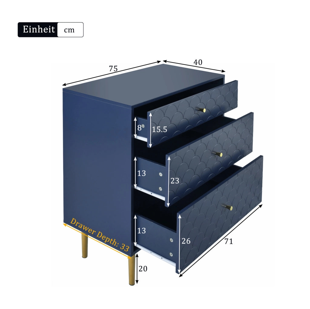 Comò con 3 cassetti, colore blu navy, 75 x 40 x 89 cm