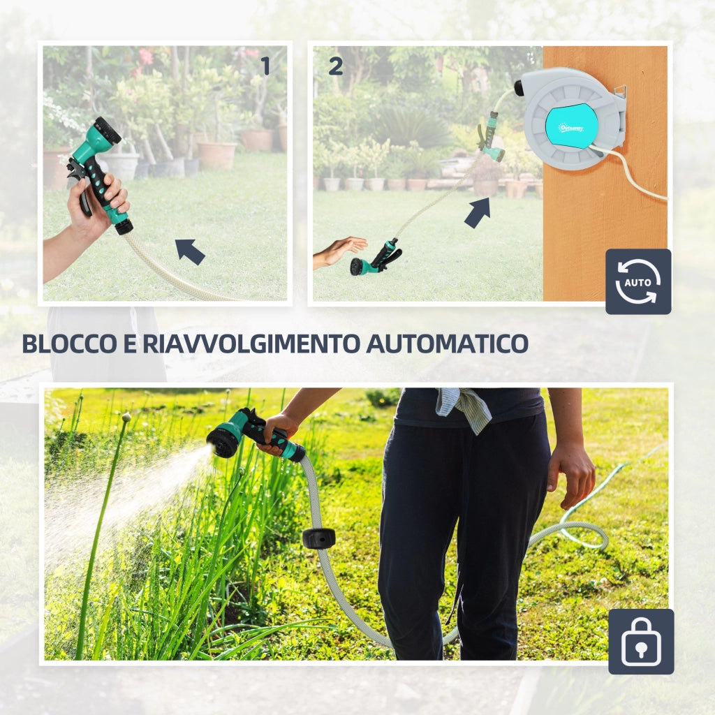 Avvolgitubo Automatico a Parete e Portatile Lunghezza 25+2 m con Sistema di Blocco e 7 Getti Grigio