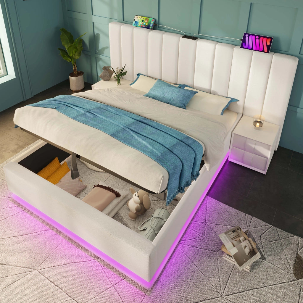 Letto matrimoniale 180x200 contenitore con LED; USB-C; PU bianco