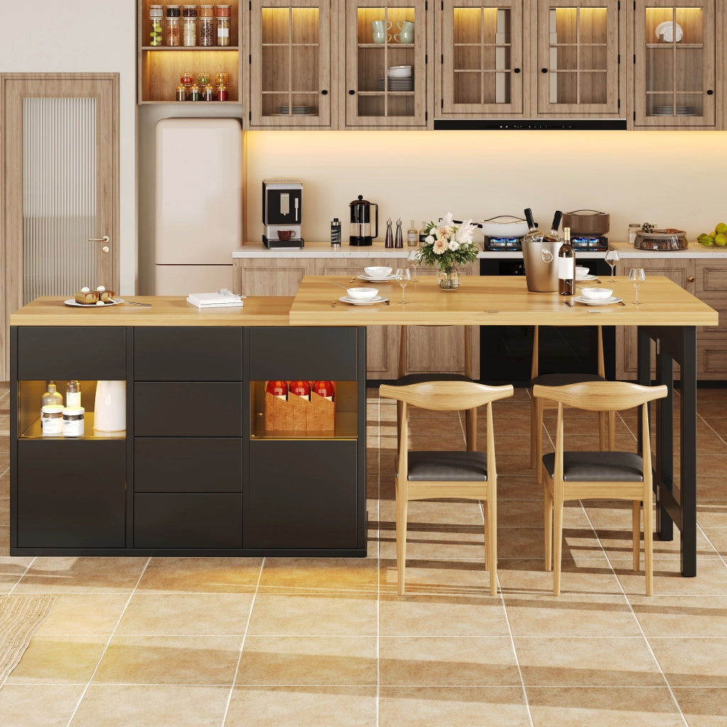 Isola cucina multifunzionale con tavolo, MDF e metallo, piano girevole a 360°, da 120 a 197 cm, 4 cassetti