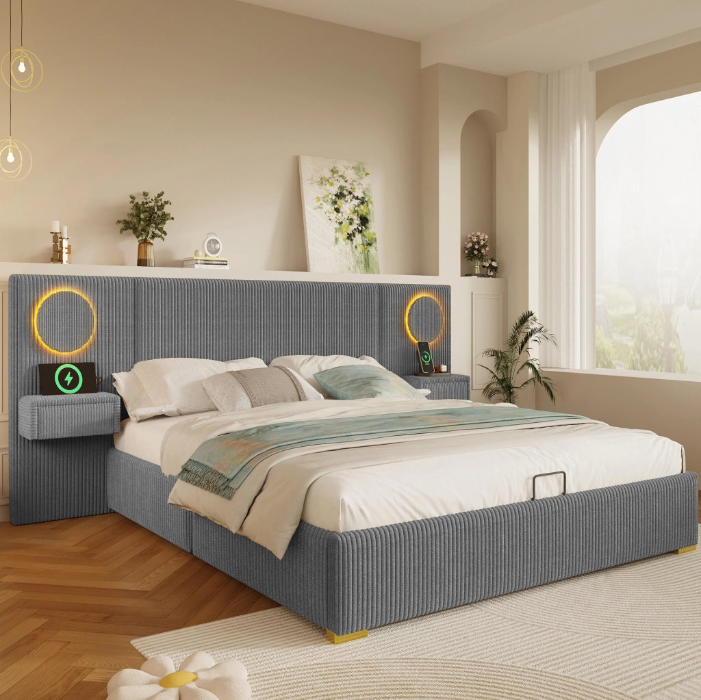 Letto matrimoniale 180x200 grigio con LED, USB e contenitore