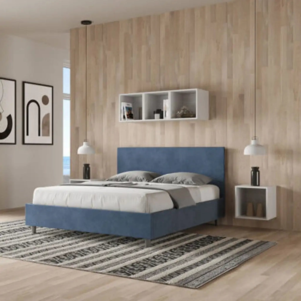 Letto matrimoniale contenitore imbottito 160x190 microfibra blu Adele