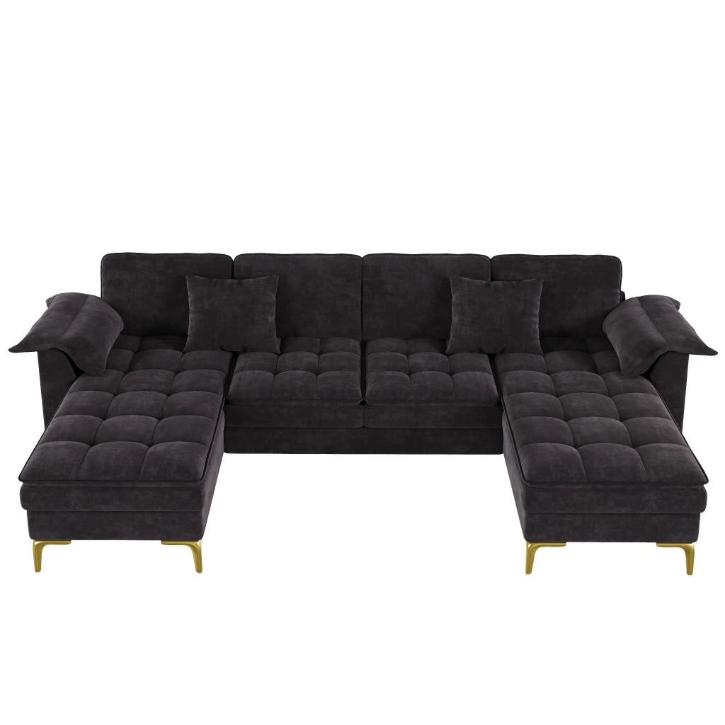 Divano angolare modulare a U 262x134 cm 4-5 posti in chenille nero con 2 cuscini