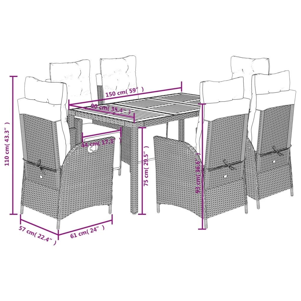Set da Pranzo da Giardino 7 pz Nero con Cuscini in Polyrattan 3213341