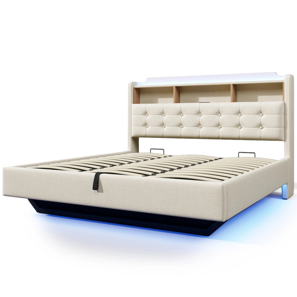 Letto imbottito 180x200 cm in lino beige con LED, contenitore idraulico, USB e Type-C