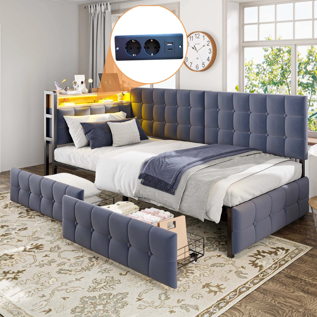 Divano letto imbottito 90x200 cm con 2 cassetti; LED e prese USB/Type-C; tessuto grigio