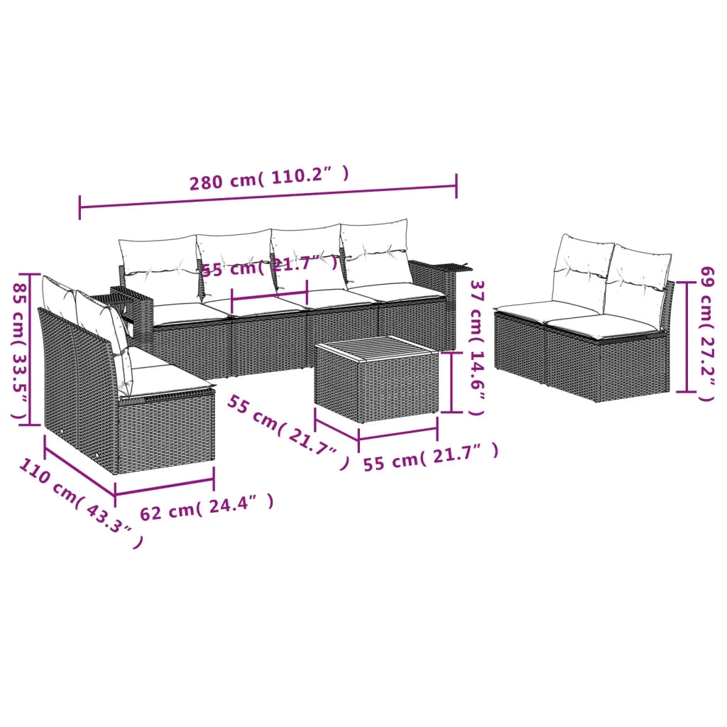 Set Divano da Giardino 9 pz con Cuscini Grigio in Polyrattan 3224527