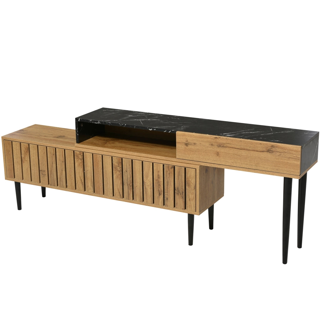 Mobile TV con ripiani in MDF e truciolare, gambe in ferro e design marmo