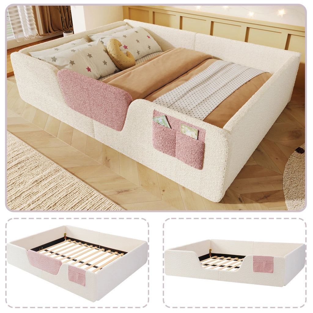 Letto imbottito 140 x 190 cm, senza materasso, sponde di sicurezza rimovibili, tasca in tessuto integrata, velluto esclusivo, Beige
