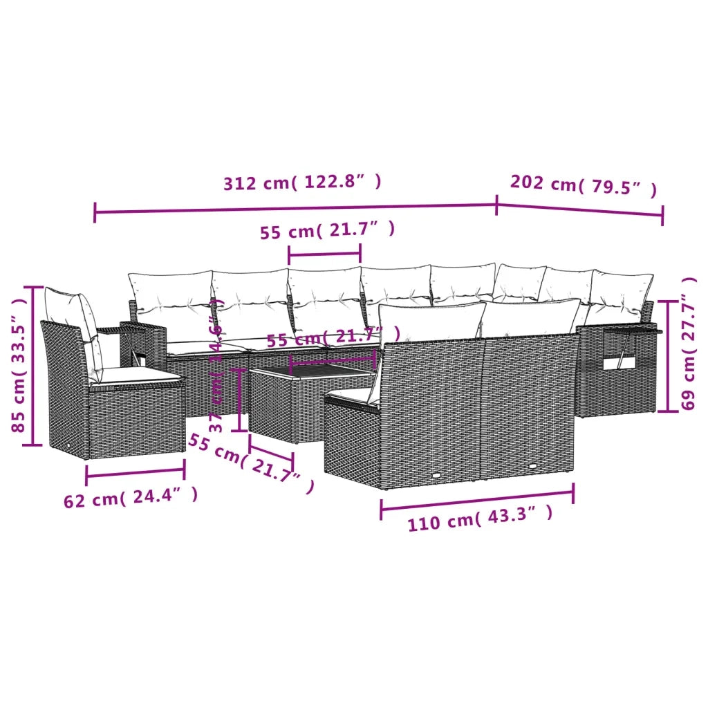 Set Divano da Giardino 11 pz con Cuscini Beige Misto Polyrattan