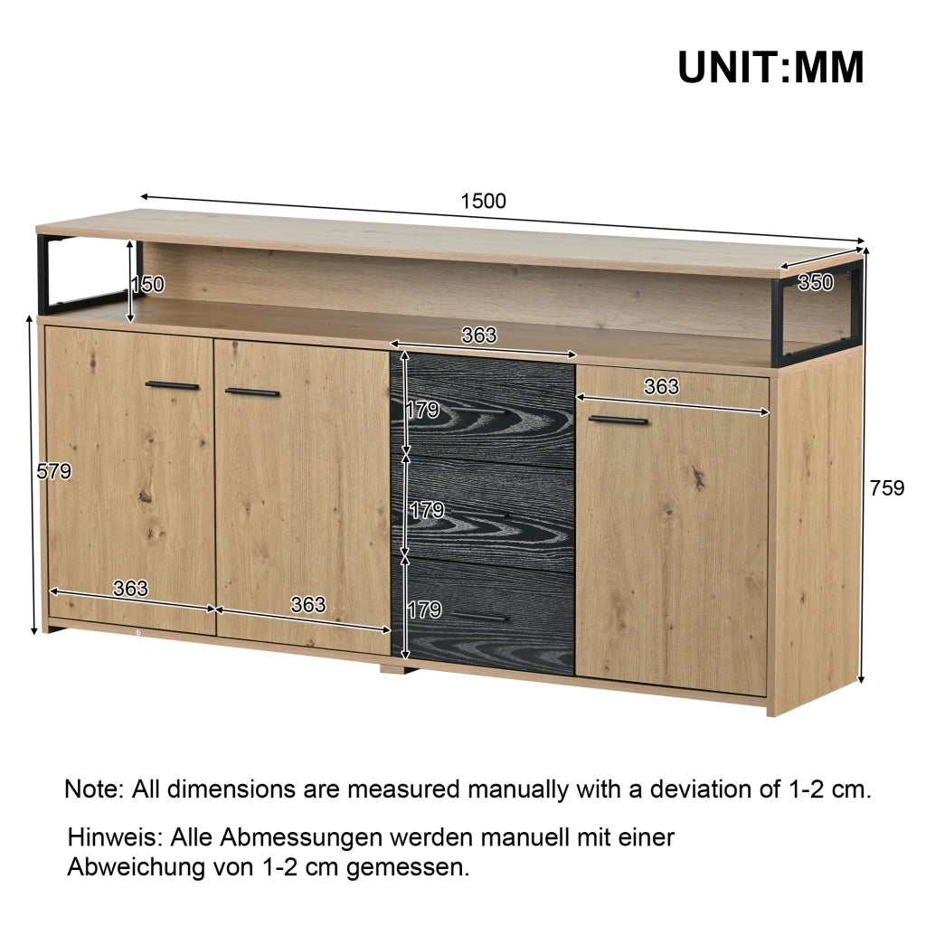 Sideboard moderno 150x35x75;9 cm con 3 porte e 3 cassetti; nero e colore legno