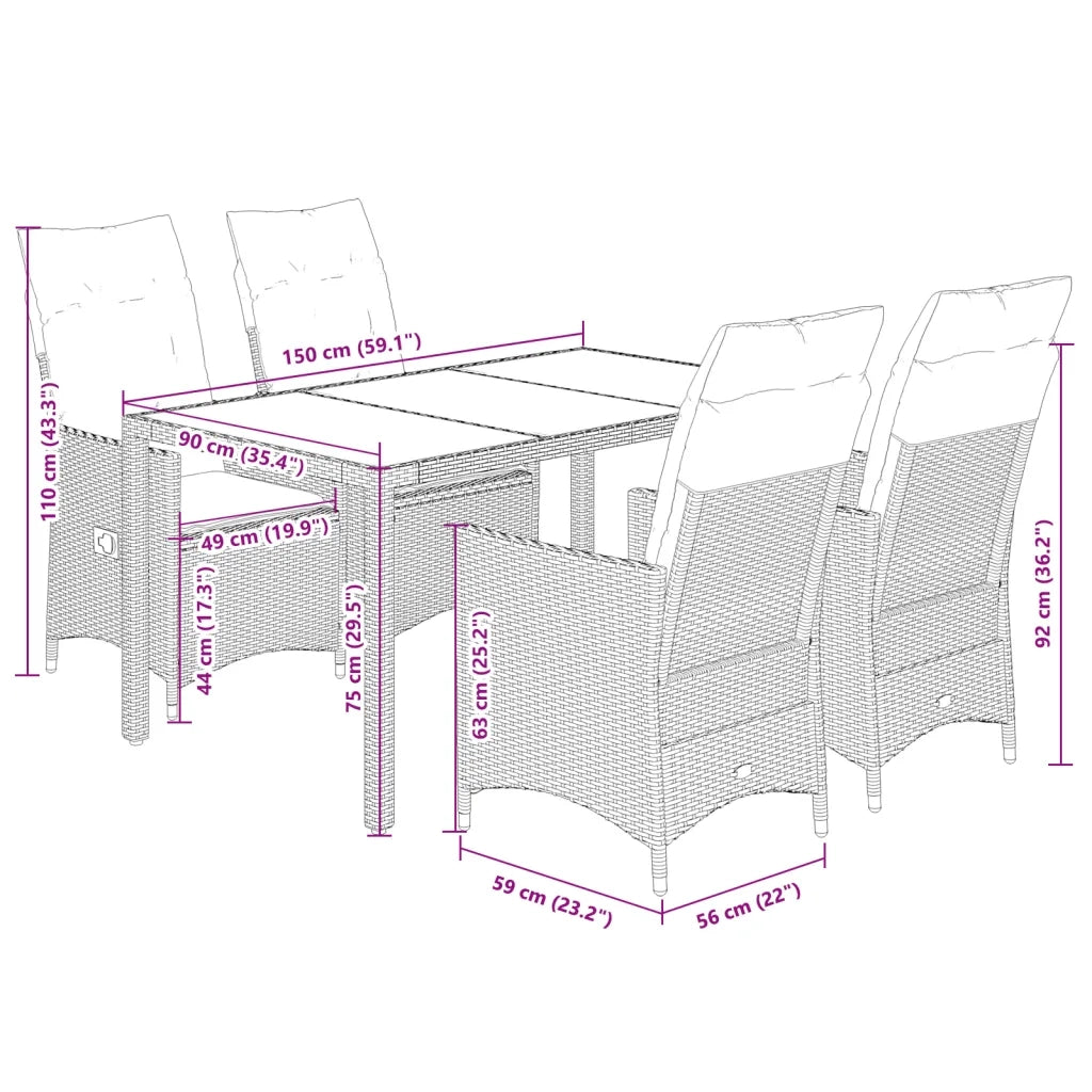 Set da Pranzo da Giardino 5 pz con Cuscini Beige in Polyrattan 3276802