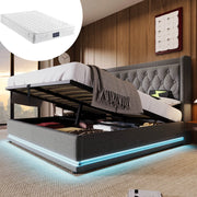 Letto matrimoniale contenitore 160x200 cm in cotone grigio con LED; USB e Type-C