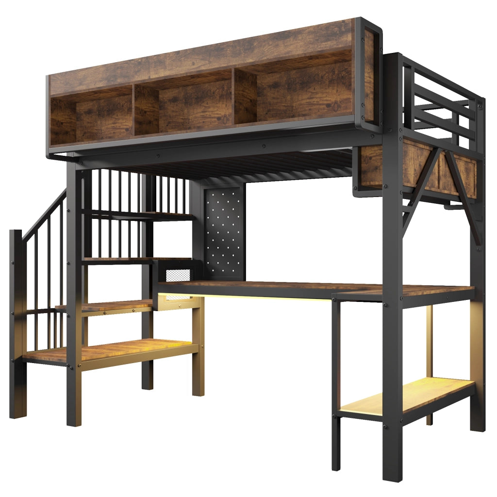 Letto a soppalco 90x200 cm con scrivania angolare; marrone e nero