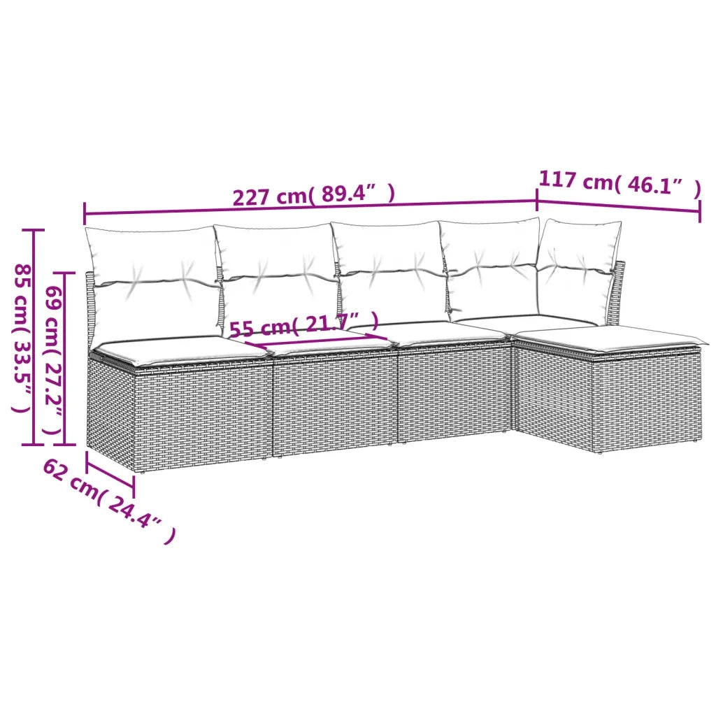 Set Divano da Giardino 5pz con Cuscini Grigio Chiaro Polyrattan