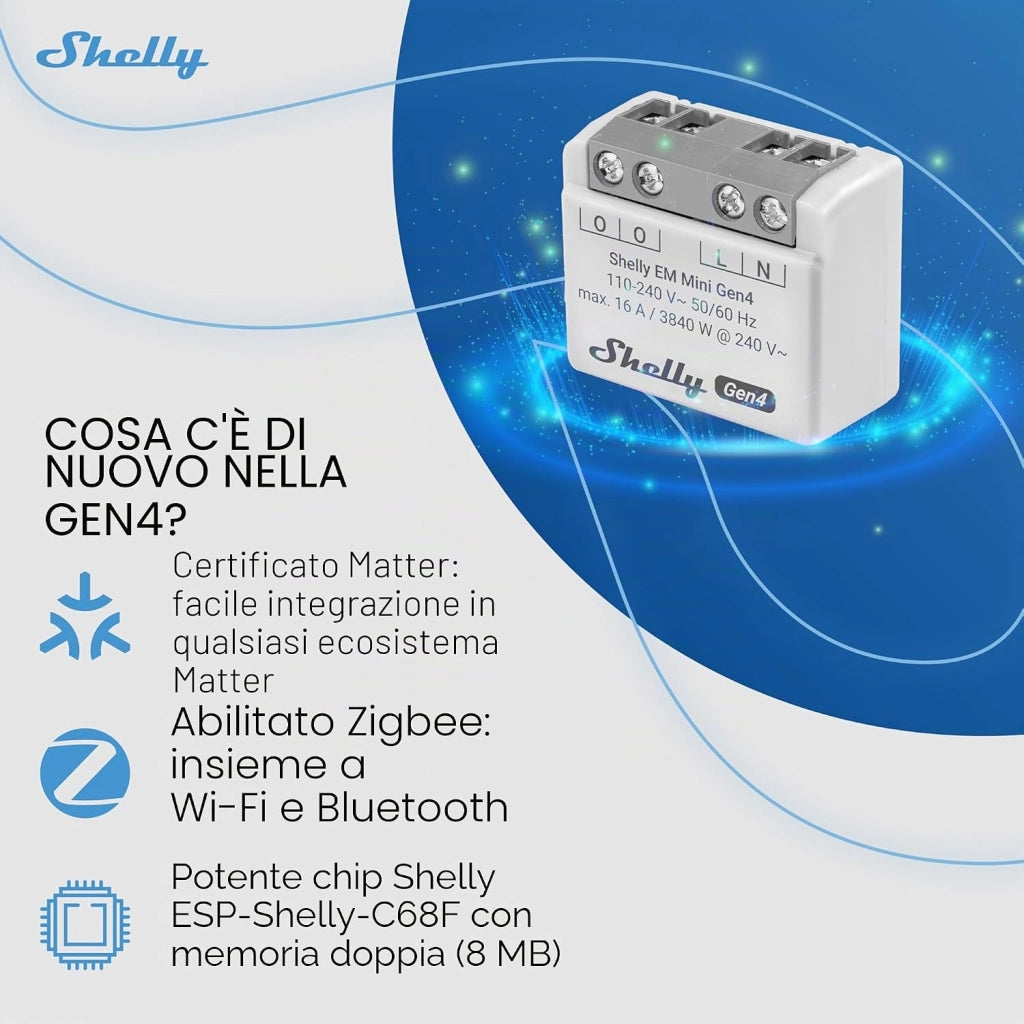 SHELLY - Shelly EM Mini Gen4 - mini misuratore di consumi da incasso 16A