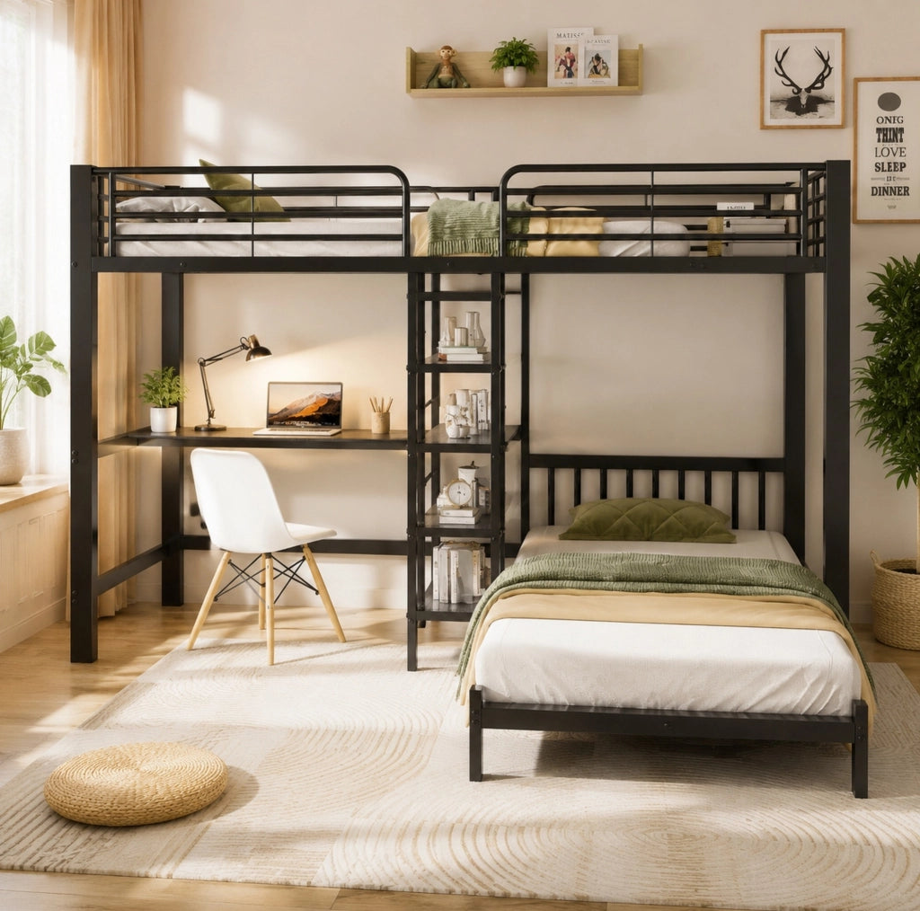 Letto a soppalco 90x200 cm con scrivania, scale contenitive e prese integrate